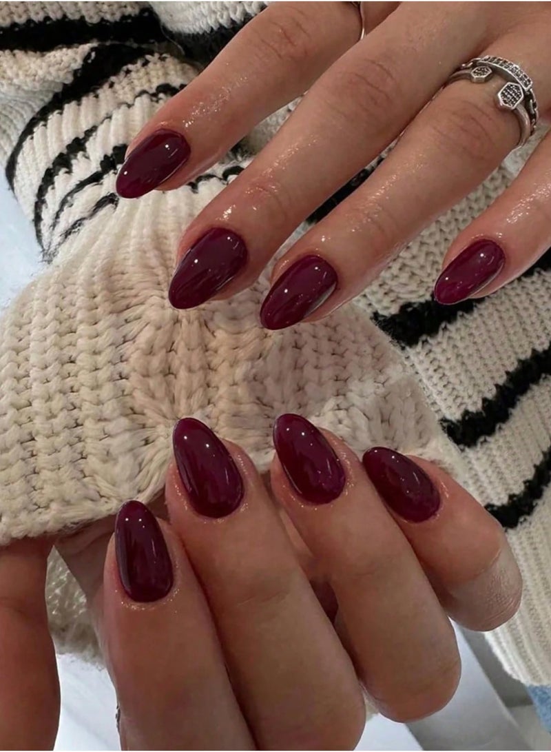 Shein 24pcs Short Almond-Shaped Solid Deep Red Nail Stickers, With 1pc Jelly Gel And 1pc Press-On Nail Sticker, Nail Art Supplies Nails - Image 1